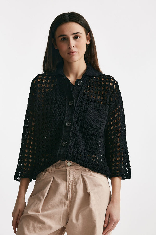 cardigan traforato a costine nero women Laneus