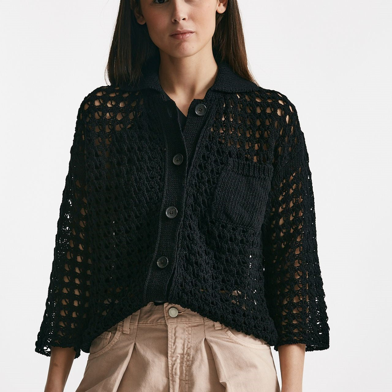 cardigan traforato a costine nero women Laneus - 6