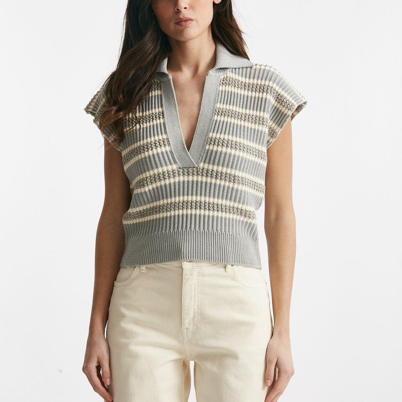 maglia lavorata panna e grigia con filo oro women Nude - 7