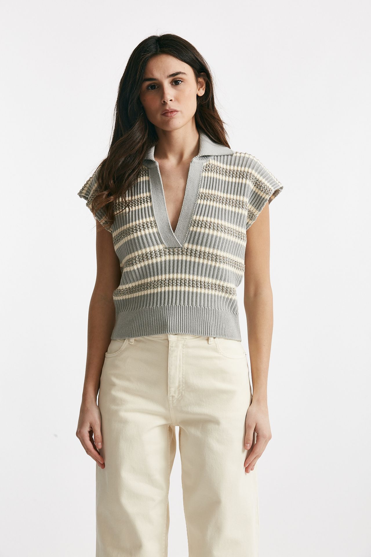 maglia lavorata panna e grigia con filo oro women Nude - 1