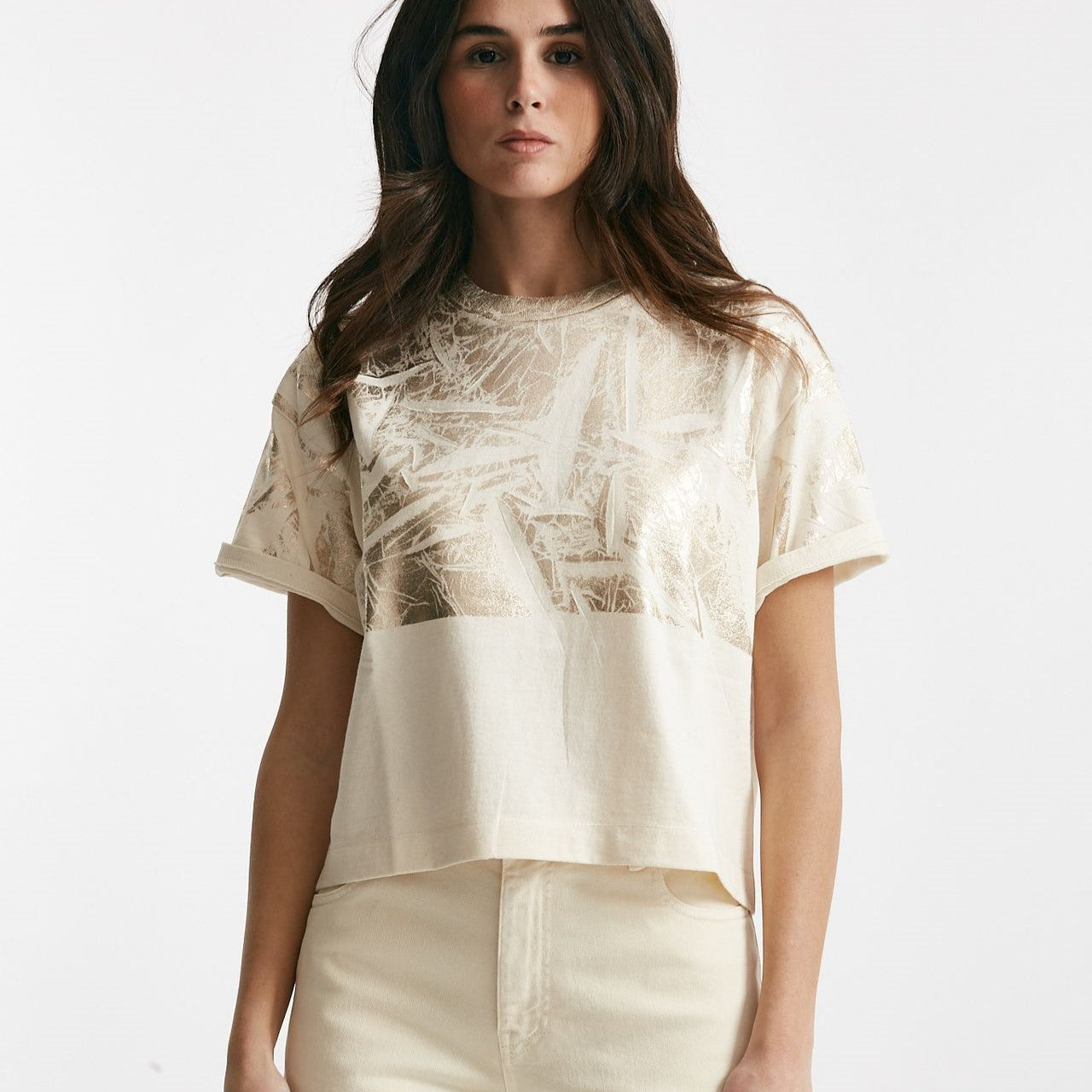 t-shirt a scatolina panna con stampa women Nude - 7