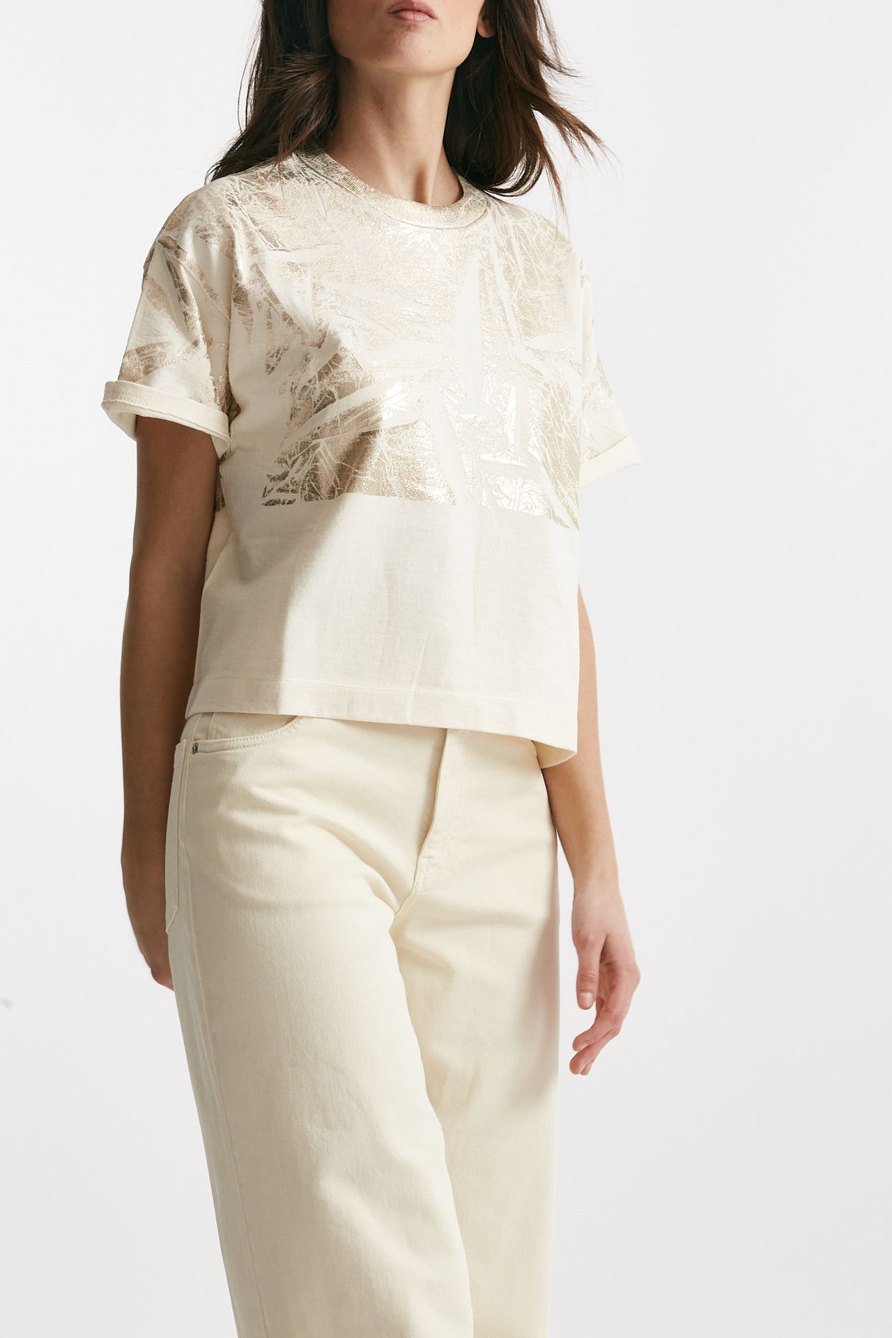 t-shirt a scatolina panna con stampa women Nude - 4
