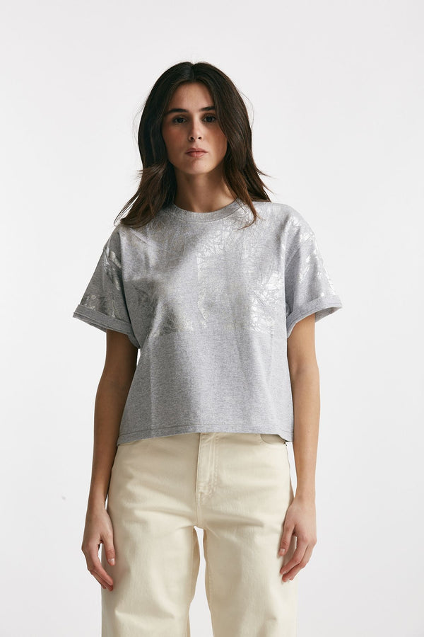 t-shirt a scatolina grigio con stampa argento women Nude