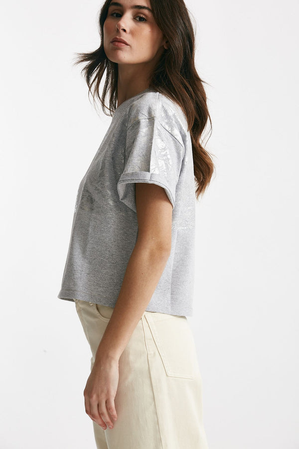 t-shirt a scatolina grigio con stampa argento women Nude