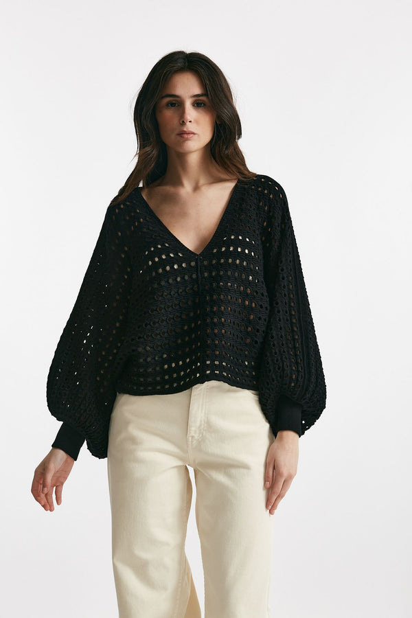 maglia traforata nero scollo a v women Nude