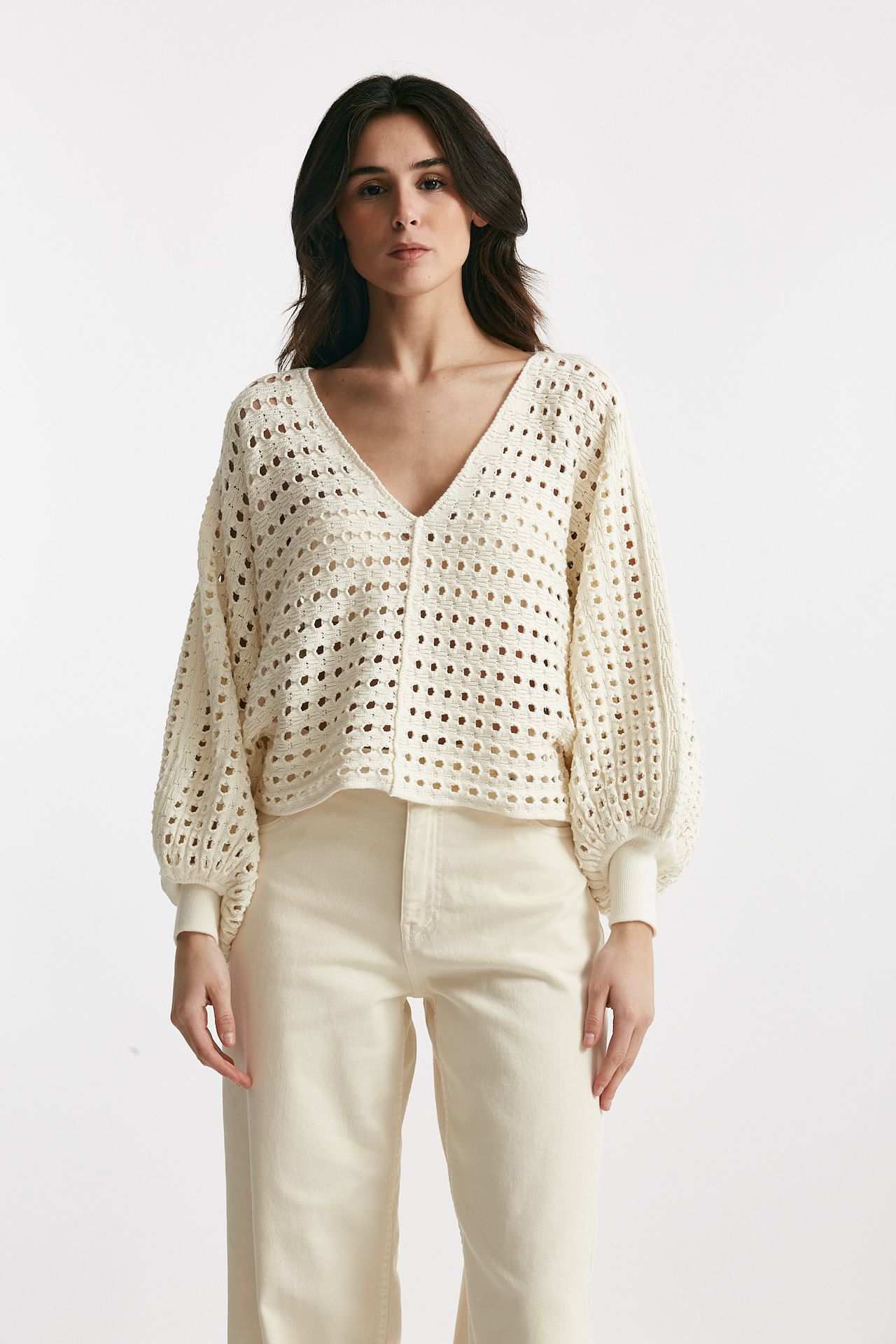 maglia traforata panna scollo a v women Nude - 1