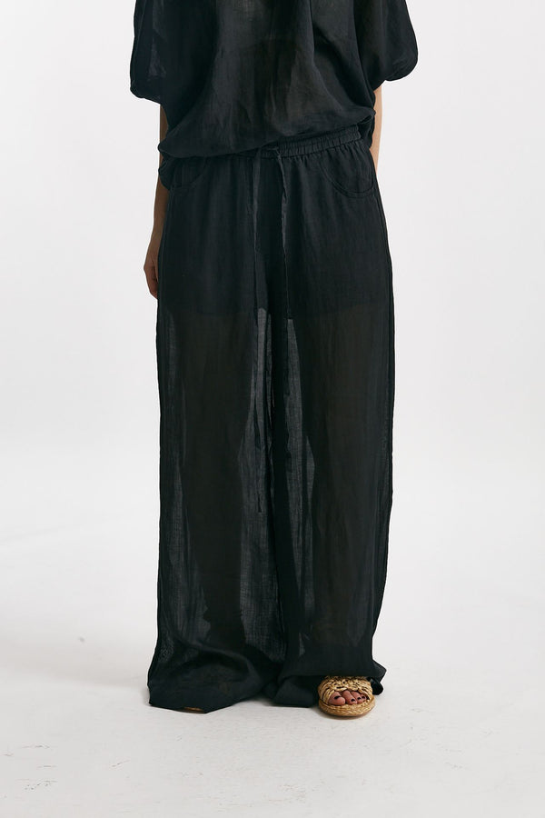 pantalone in lino nero vita alta women Nude