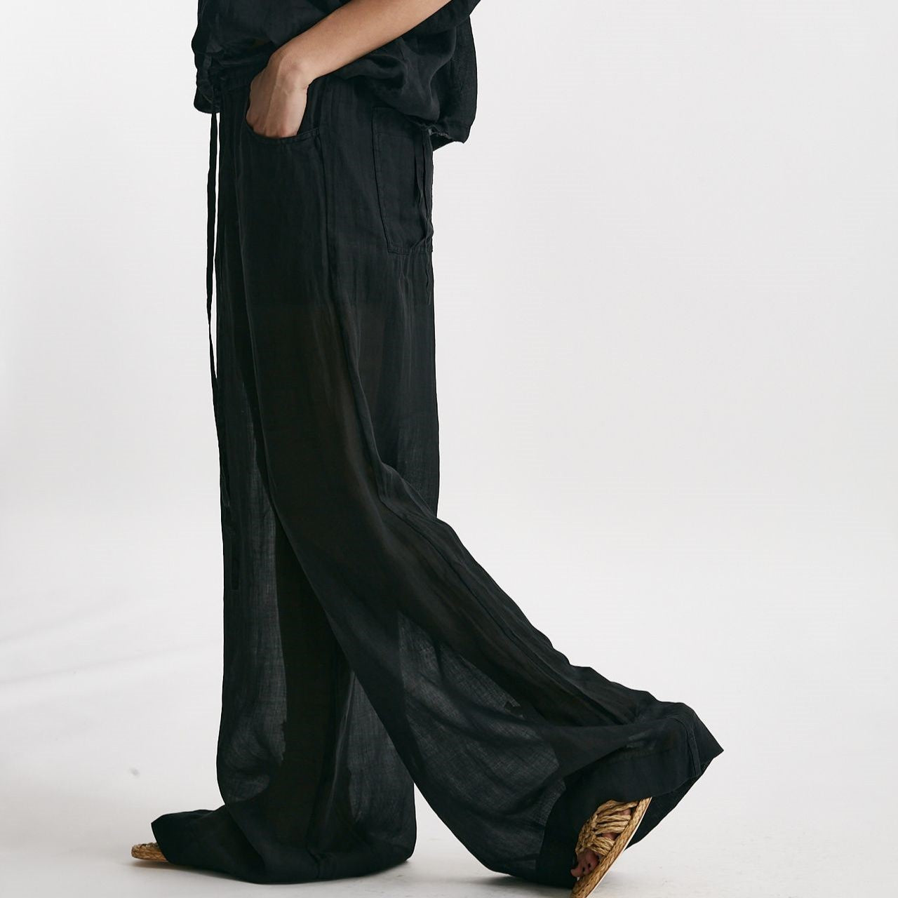 pantalone in lino nero vita alta women Nude - 7