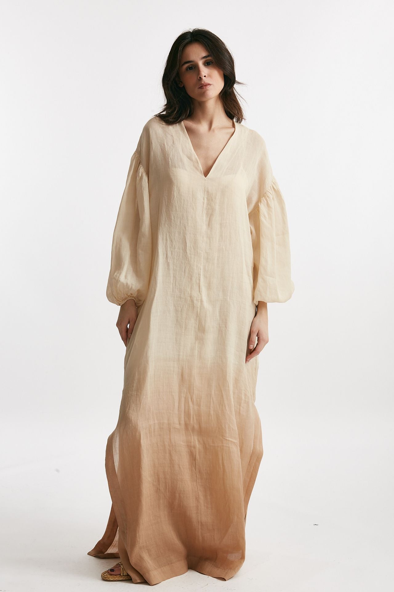 abito lungo in lino beige degrade women Nude - 2