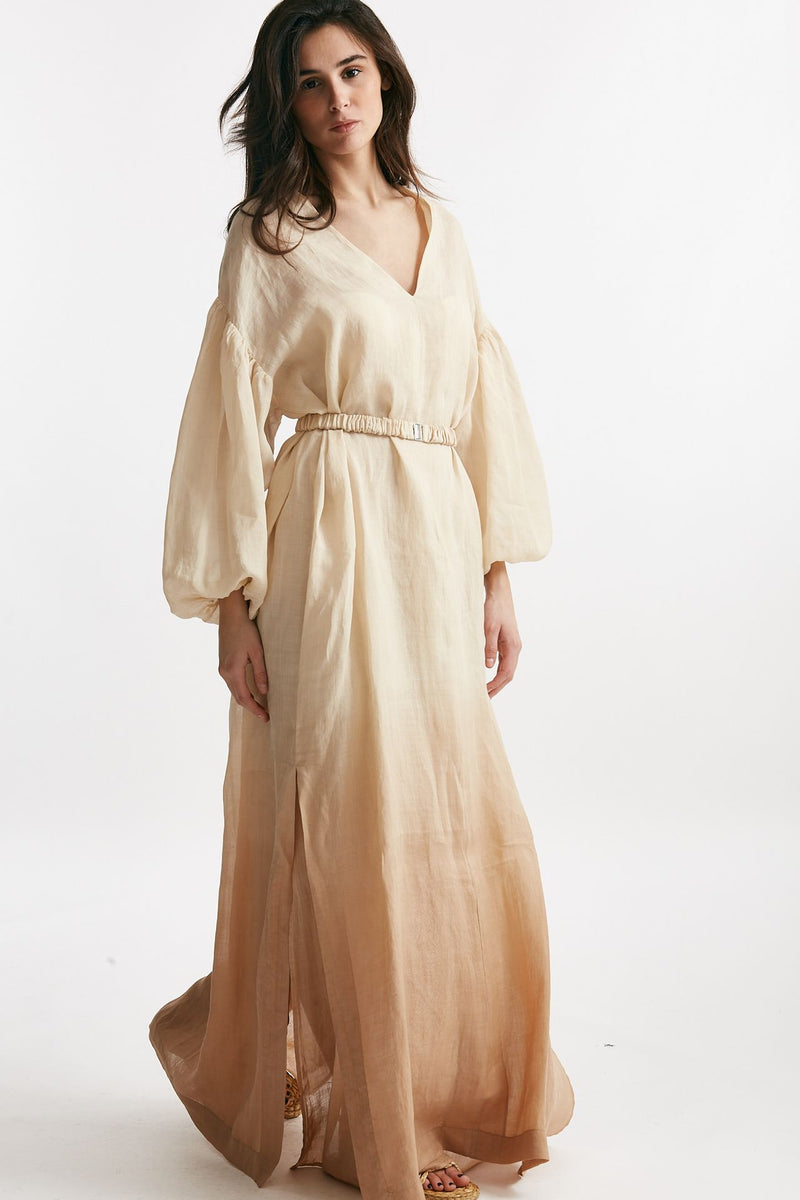 abito lungo in lino beige degrade women Nude - 5