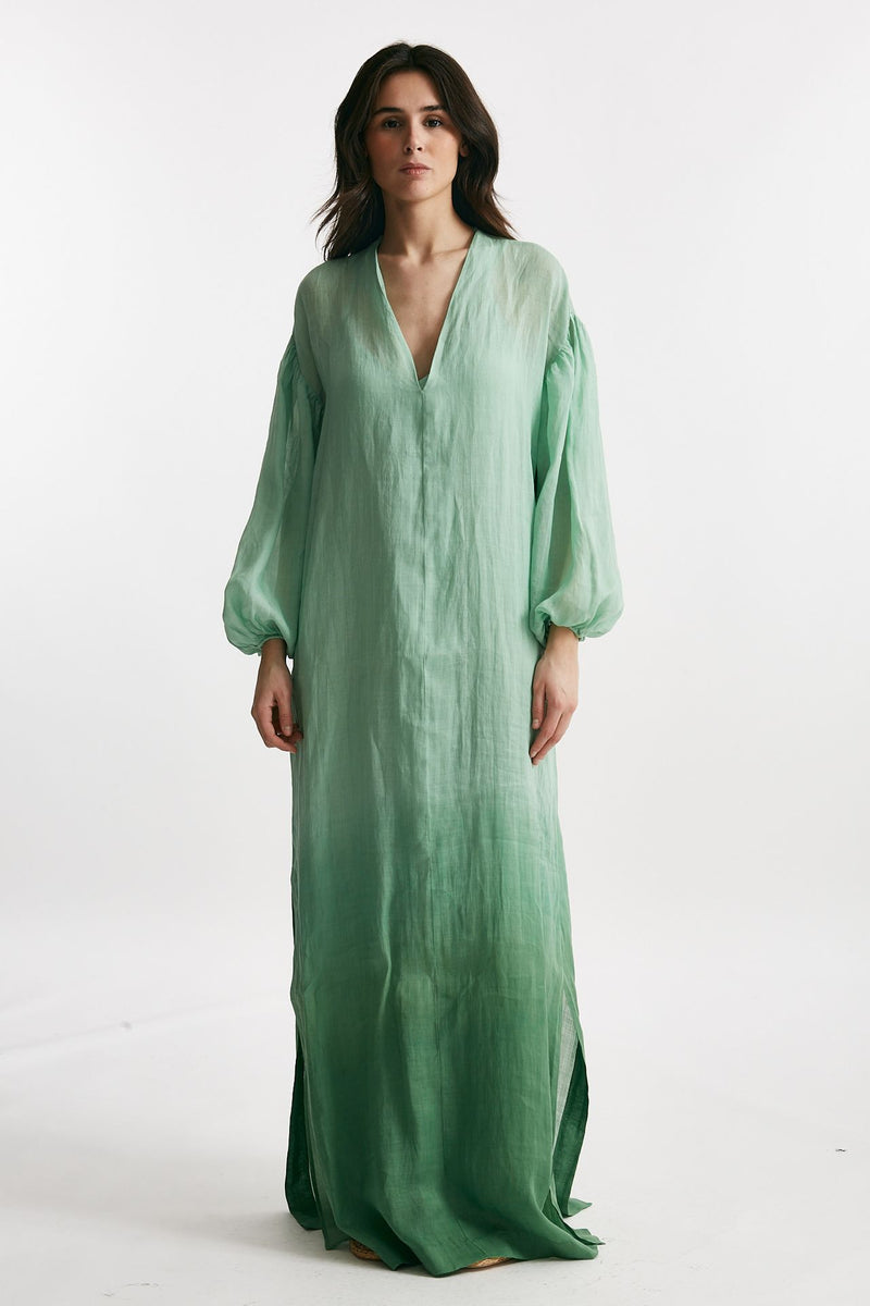 abito lungo in lino verde acqua degrade women Nude - 3