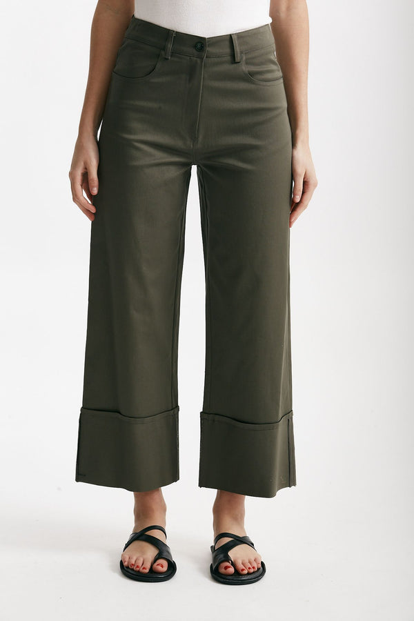 pantalone vita alta in cotone verde militare women ( p - s )