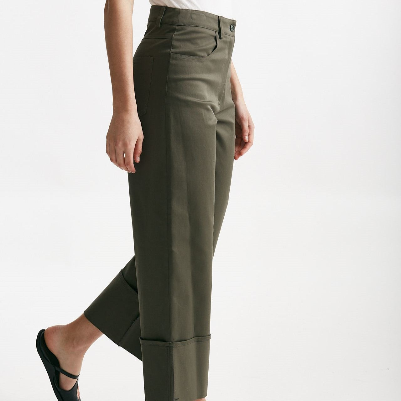 pantalone vita alta in cotone verde militare women ( p - s ) - 7