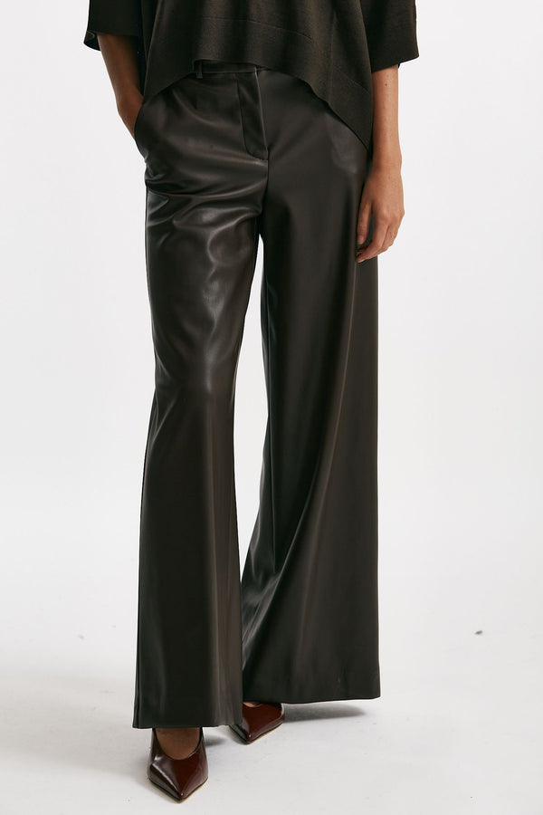 pantalone vita alta ampio eco pelle cioccolato women Nude