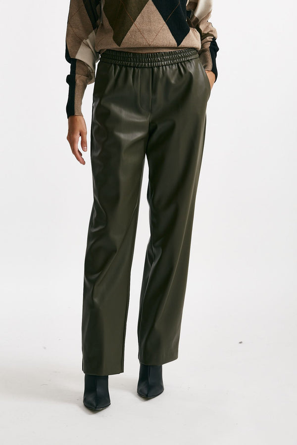 pantalone dritto eco pelle verde oliva women Nude