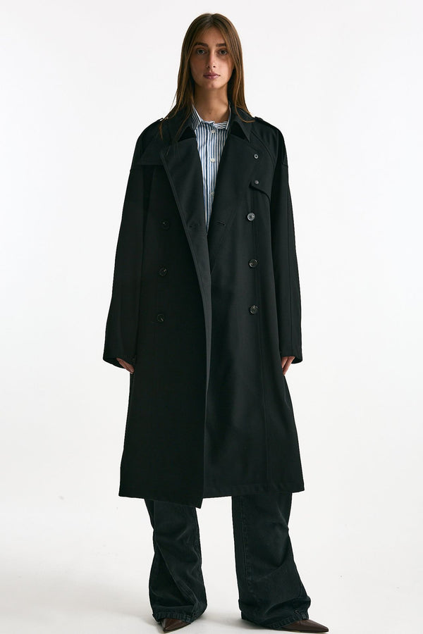 Trench over in lana tecnica nero women Paltò