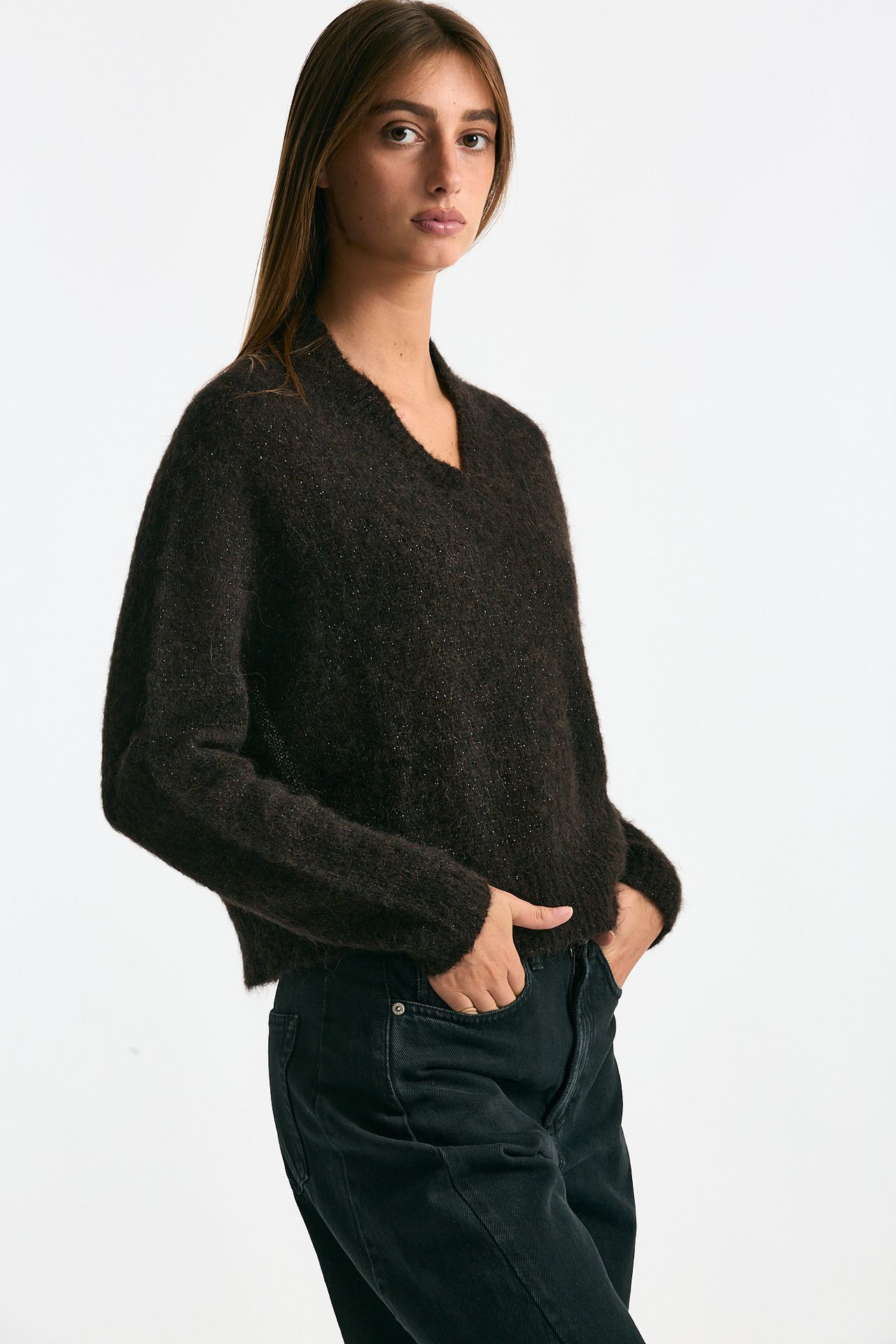 Maglia scollo a v in alpaca marrone women Scaglione - 1