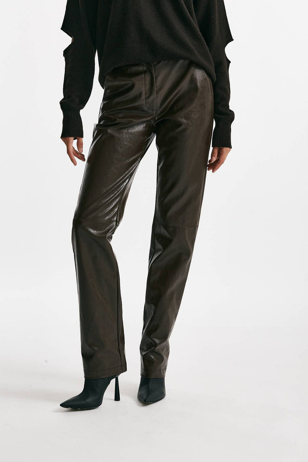 pantalone dritto in eco pelle cioccolato vita alta women Federica tosi