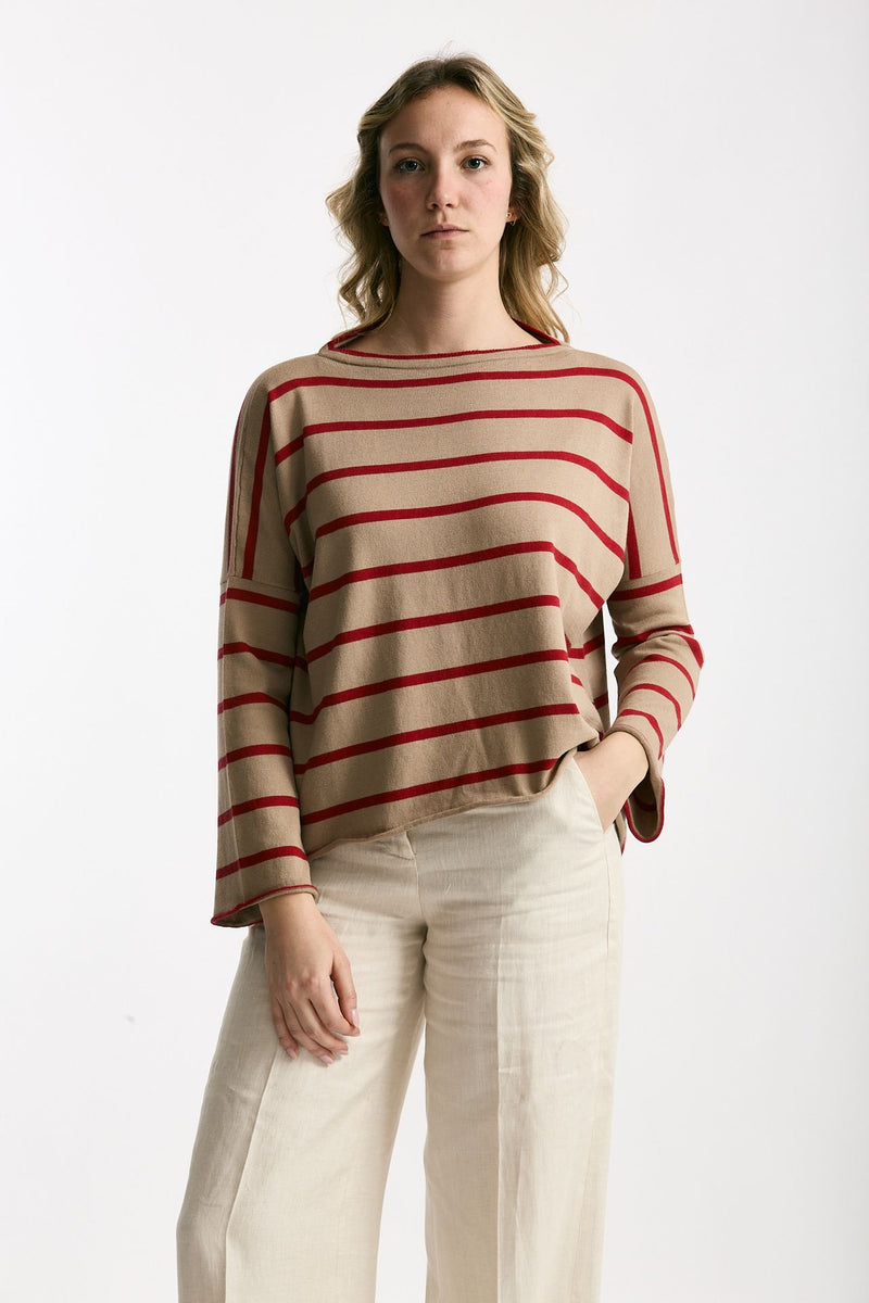Maglia collo a barchetta rigata cammello women Be you - 2