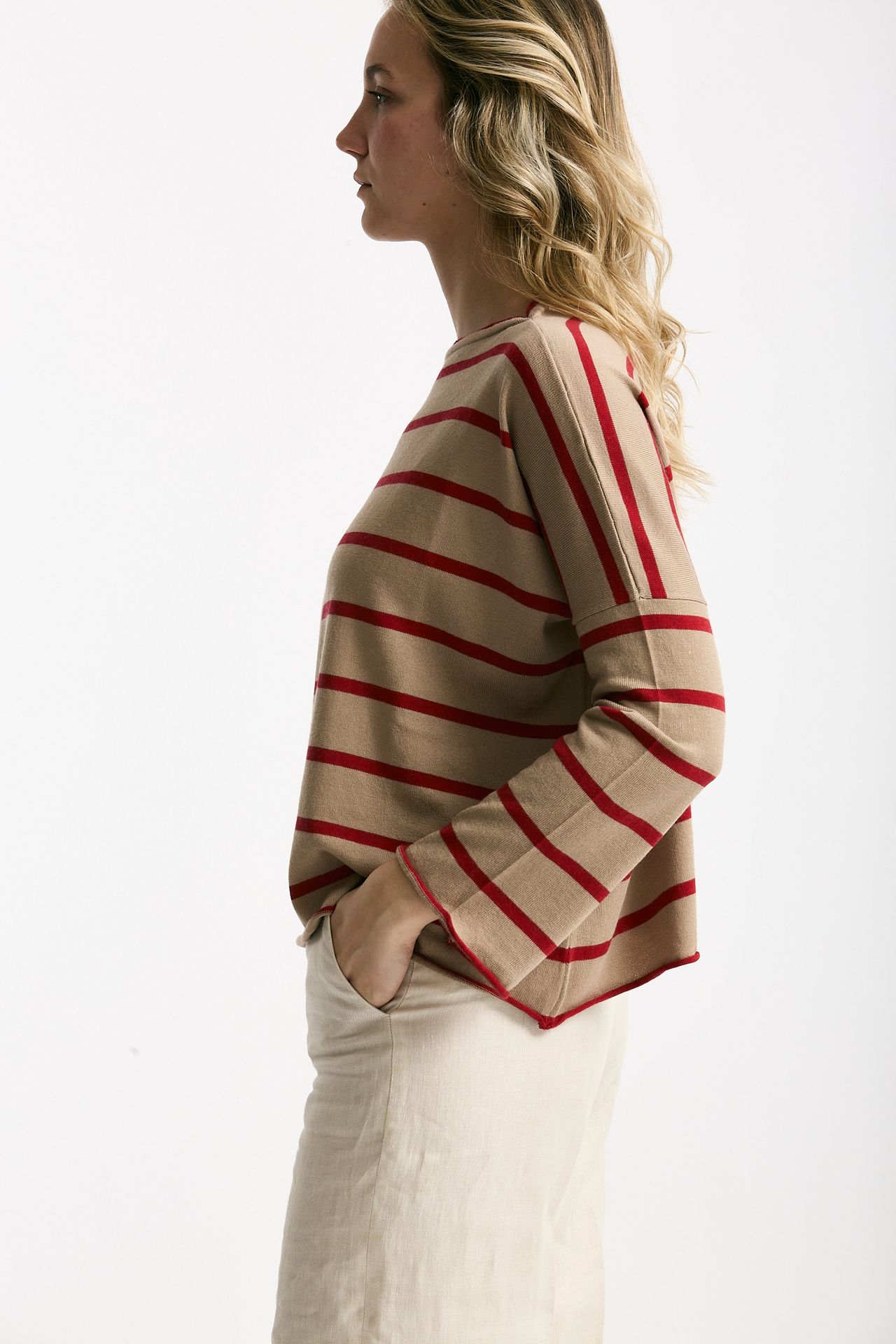 Maglia collo a barchetta rigata cammello women Be you - 1