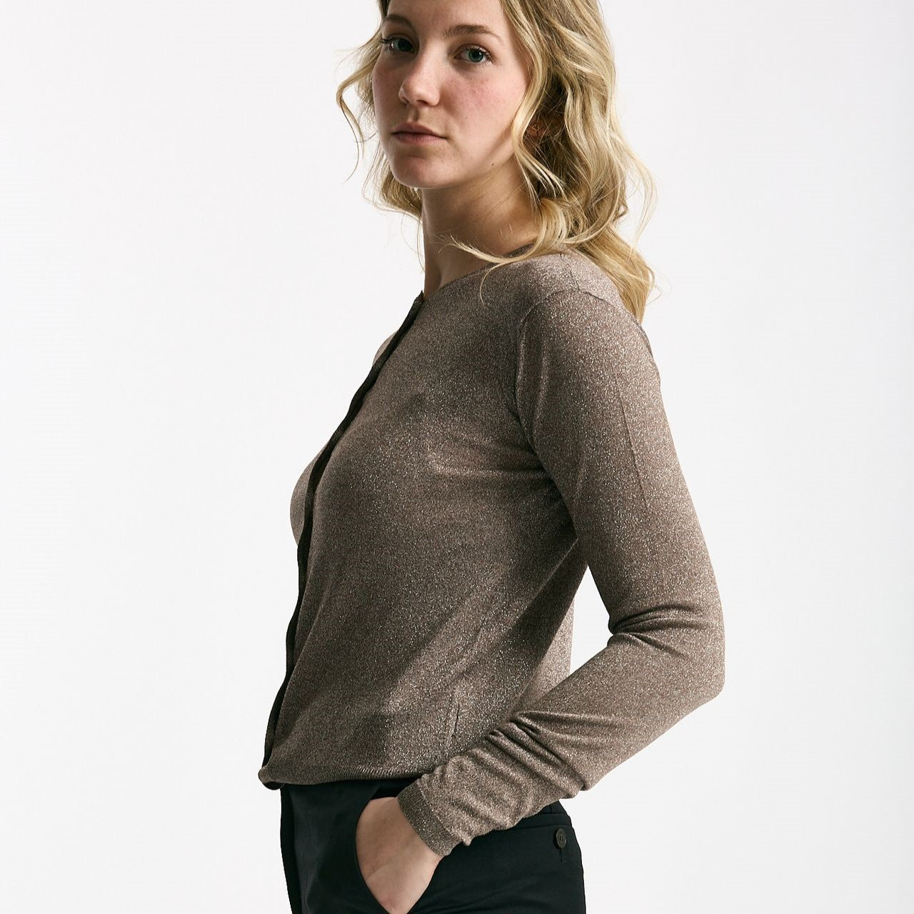 Cardigan slim in viscosa tortora con filo lurex women Be you - 5