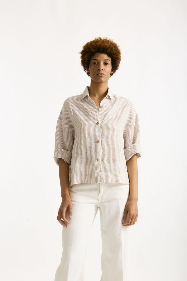 Camicia in lino Rigata bianca e beige women Clouds