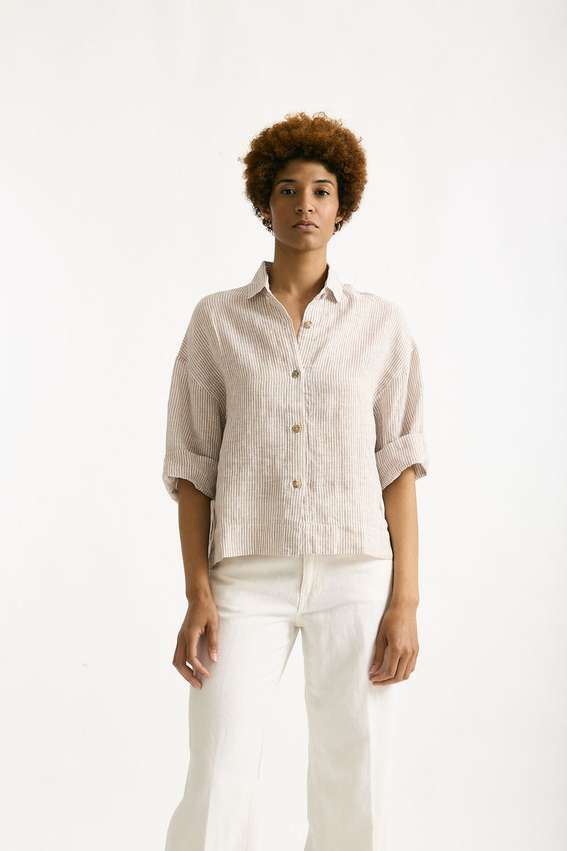 Camicia in lino Rigata bianca e beige women Clouds - 1