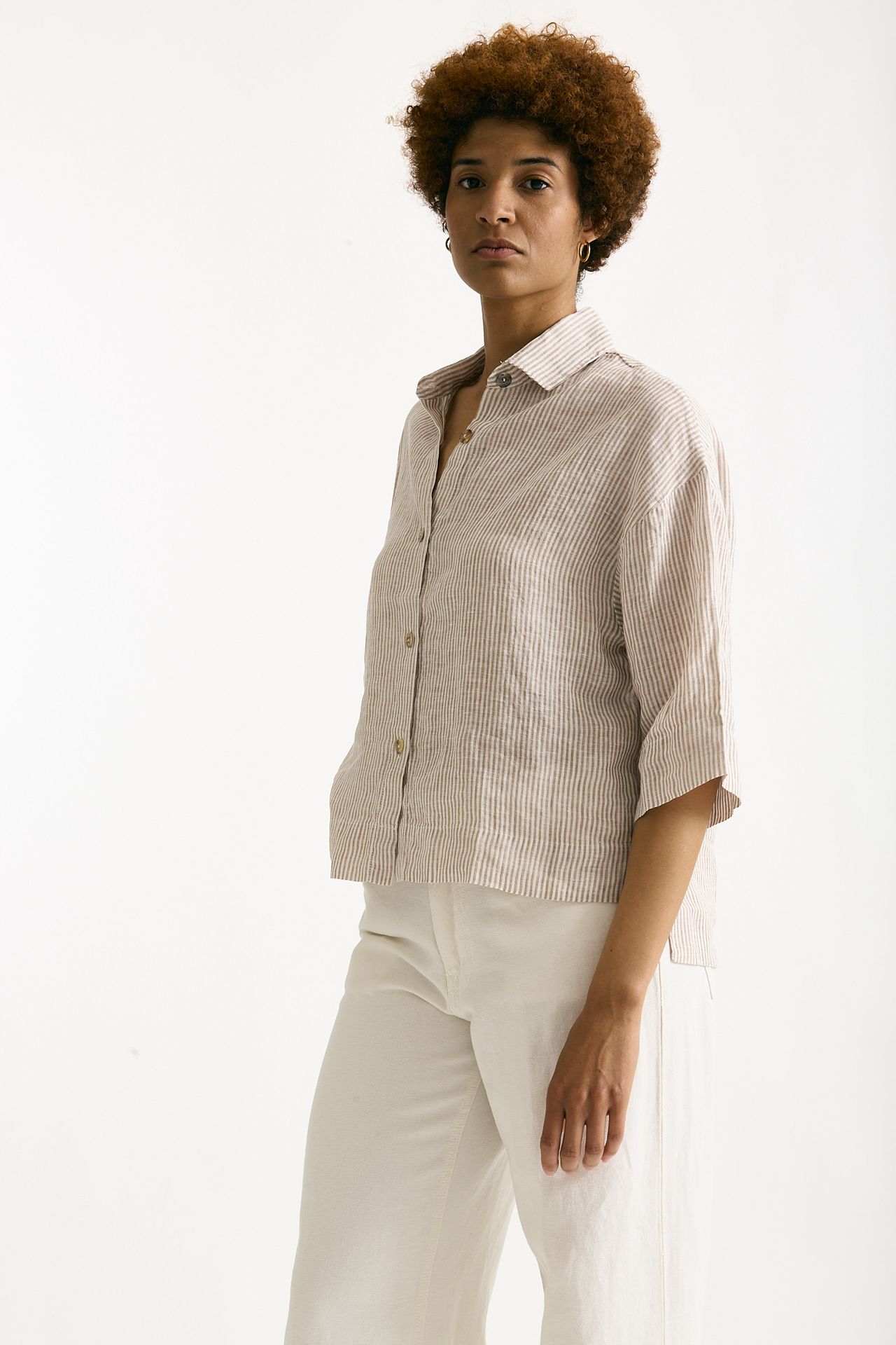 Camicia in lino Rigata bianca e beige women Clouds - 2