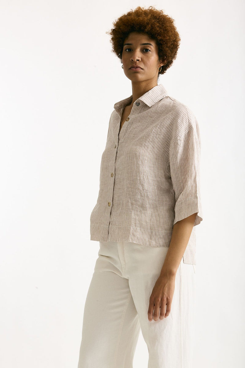 Camicia in lino Rigata bianca e beige women Clouds - 2