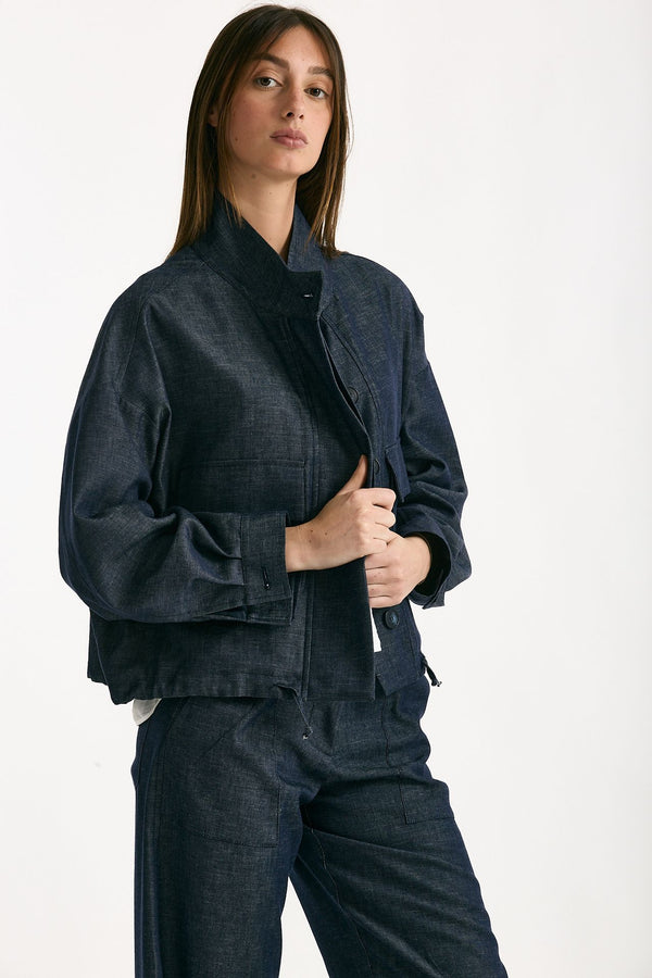 Giubbino in misto lino blu denim women ( p - s )