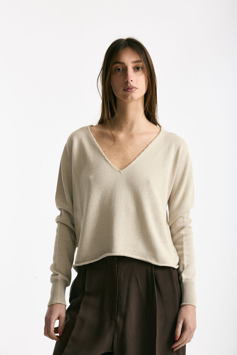 Maglia scollo V in cotone beige women Scaglione - 1
