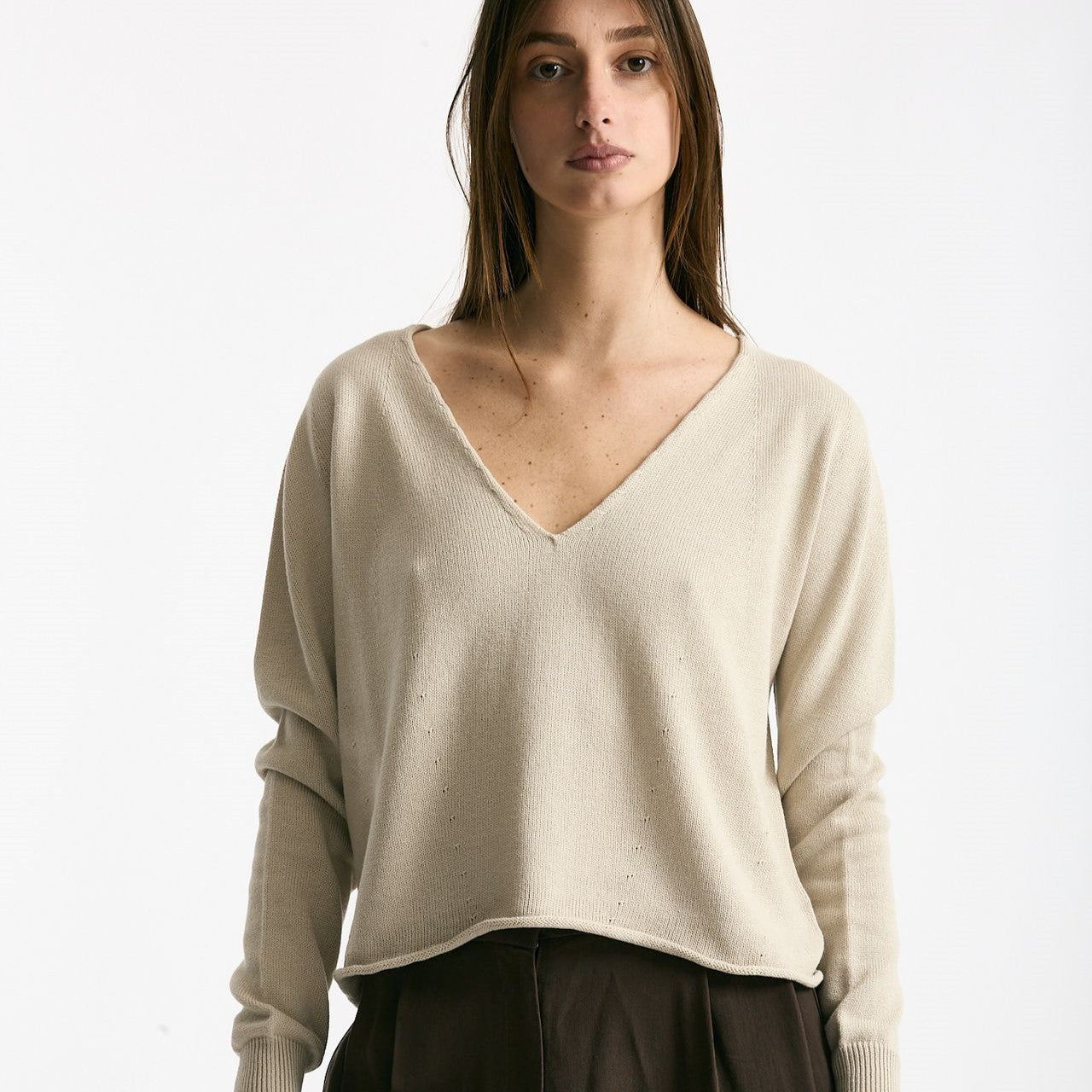 Maglia scollo V in cotone beige women Scaglione - 5