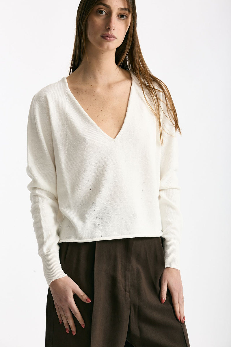 Maglia scollo a v in cotone bianco women Scaglione - 1