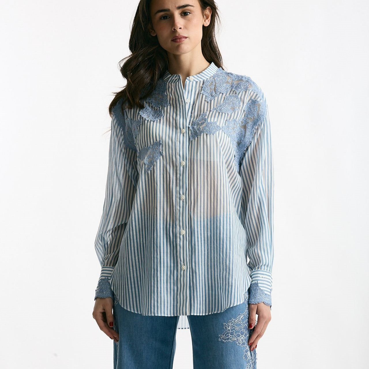 Camicia con applicazioni in pizzo rigata women Ermanno firenze - 7