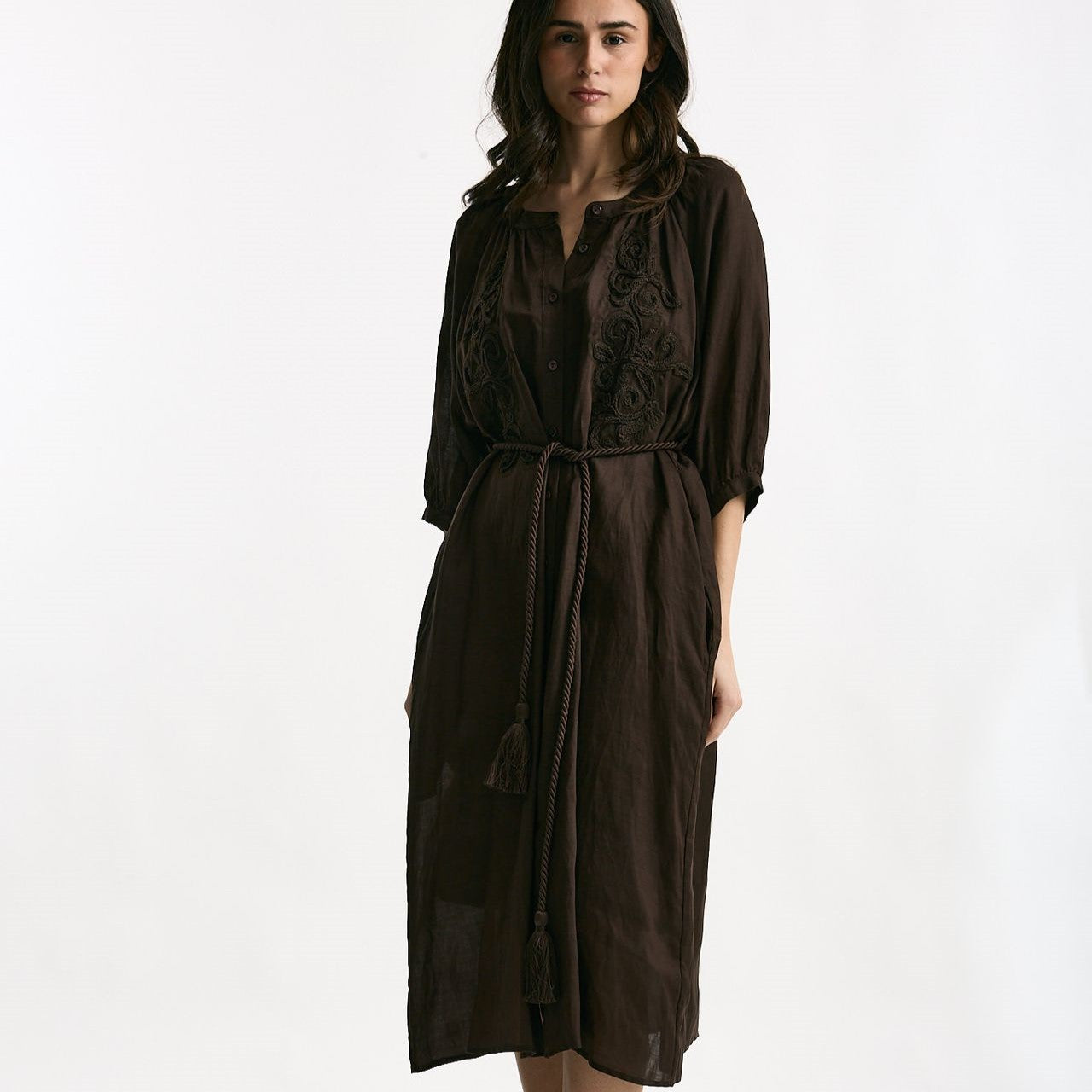 Abito midi in lino e viscosa marrone women Ermanno firenze - 7