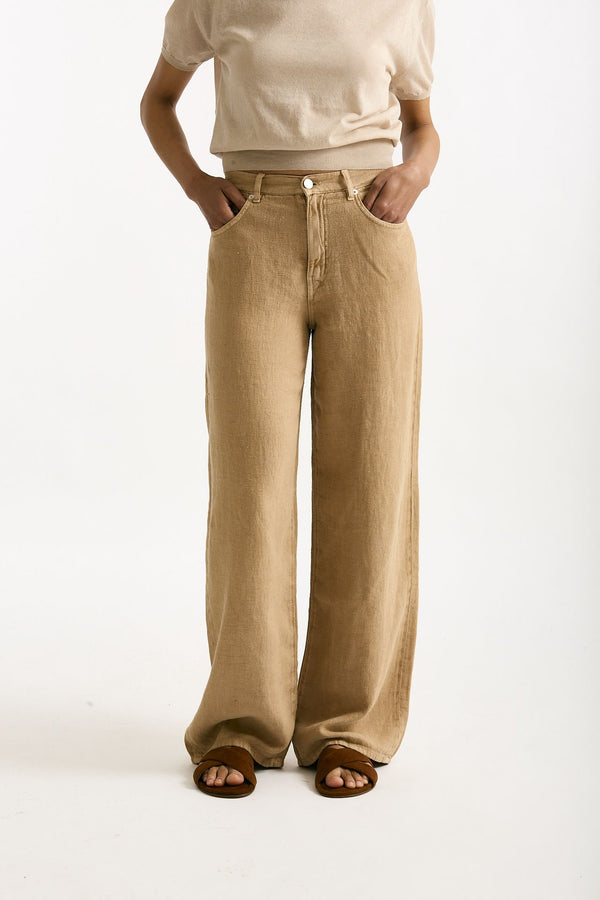 Jeans in lino CARMEN Vita alta cammello women Siviglia