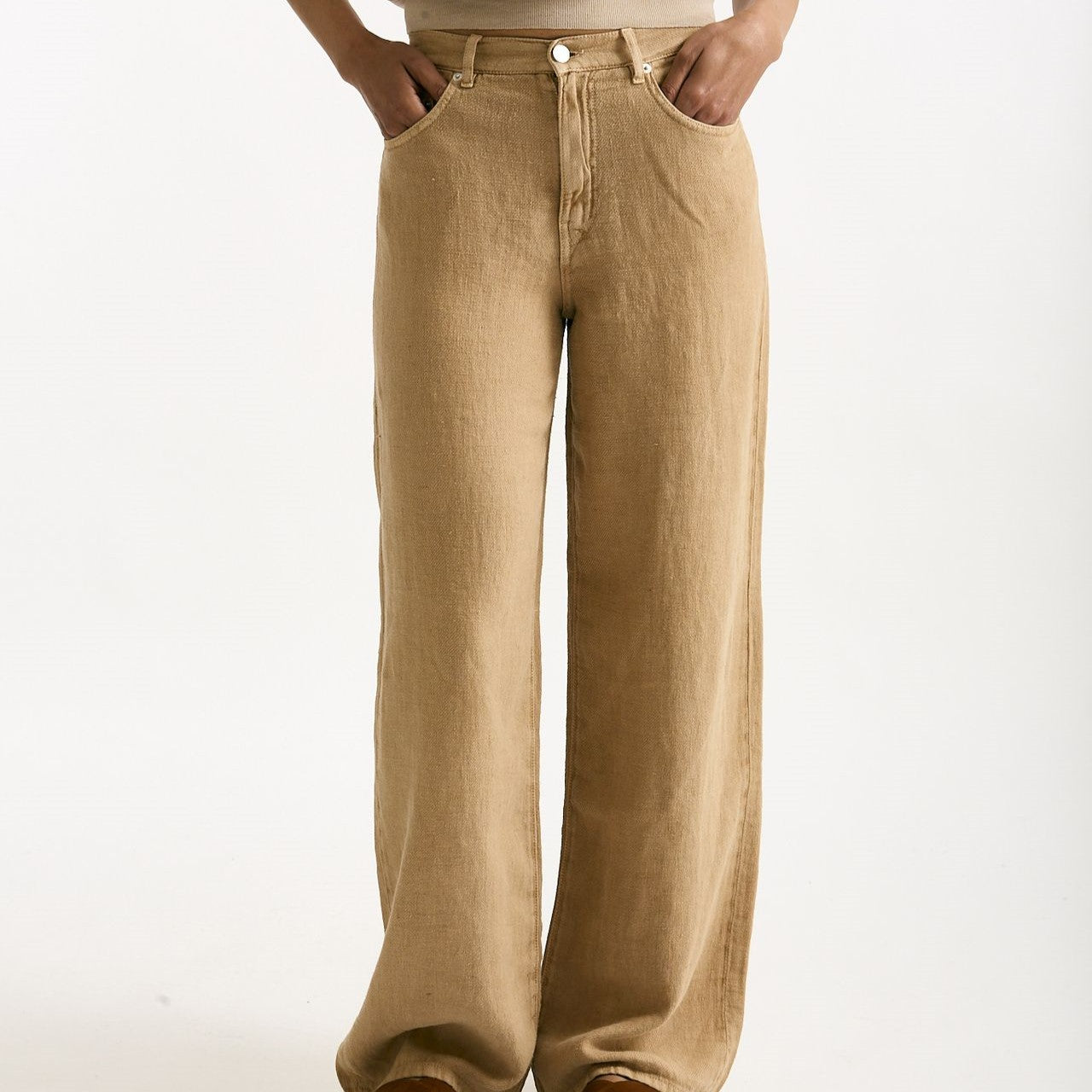 Jeans in lino CARMEN Vita alta cammello women Siviglia - 7