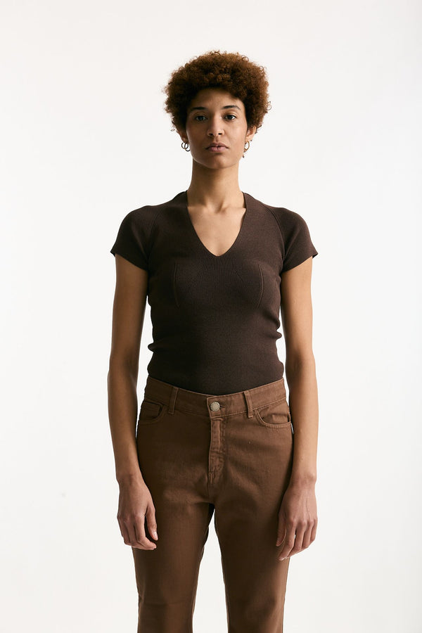 Maglia scollo a v costine marrone women Federica tosi