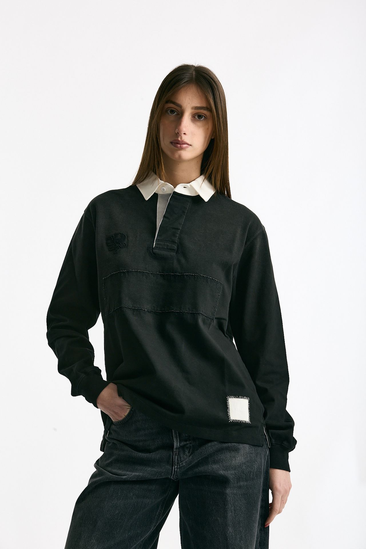 Polo unisex nero lavato e bianco women Woc - 1