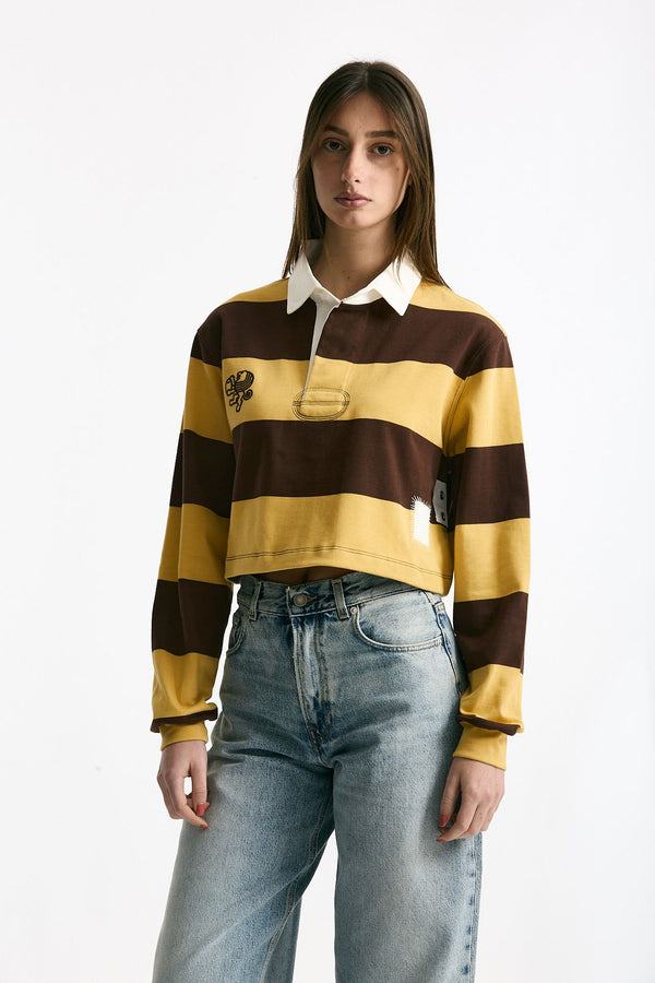 Polo crop rigata marrone e gialla women Woc