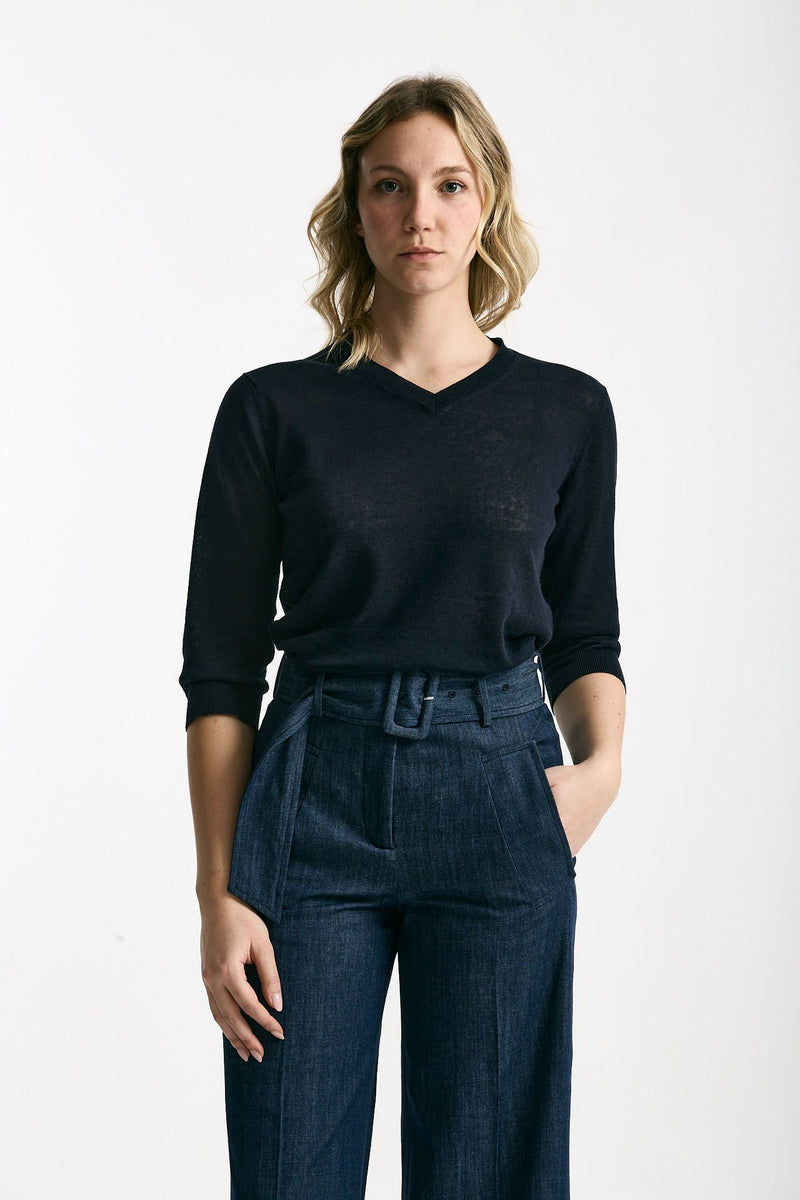 Maglia scollo a V in lino e cotone blu women Zanone - 1