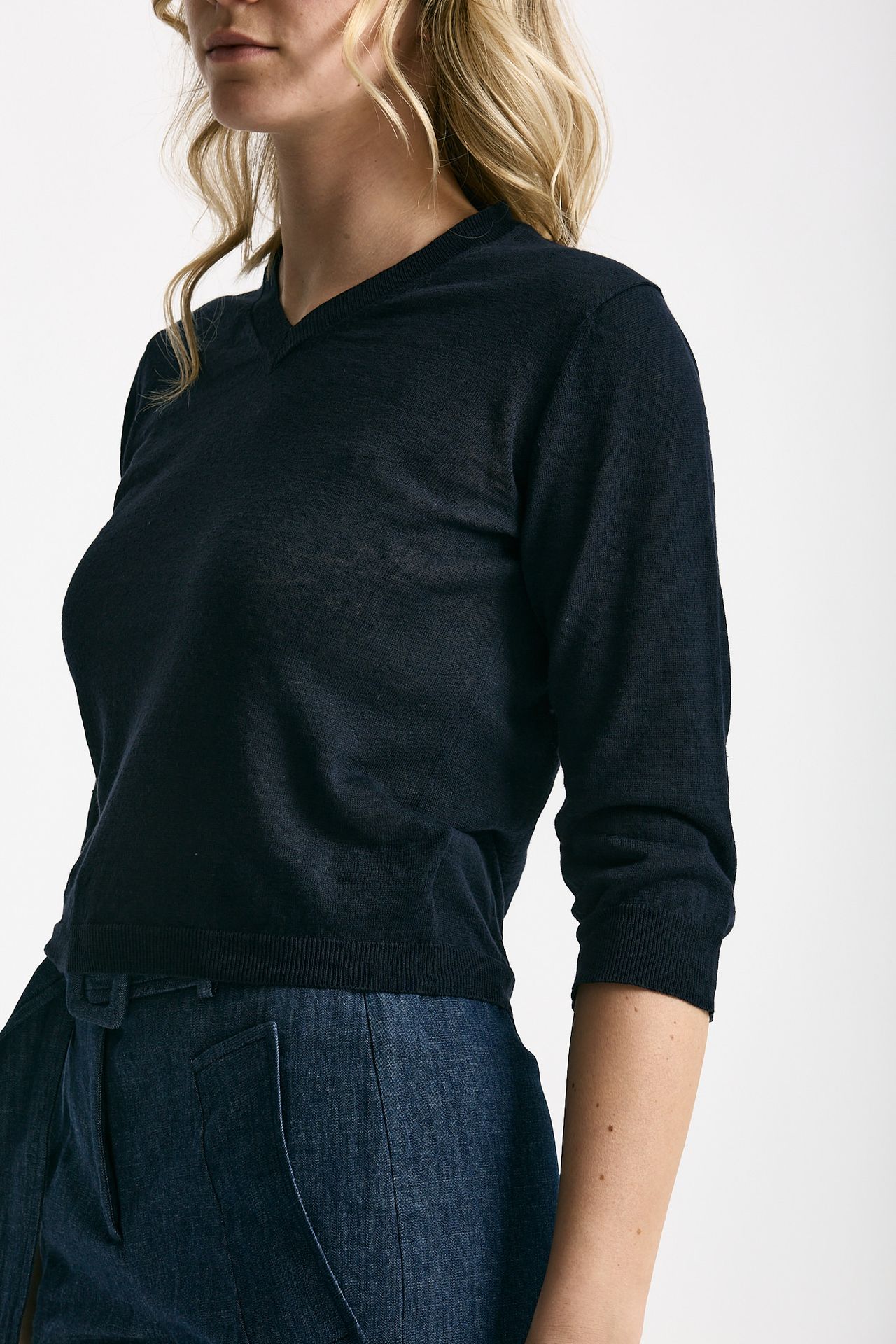 Maglia scollo a V in lino e cotone blu women Zanone - 4