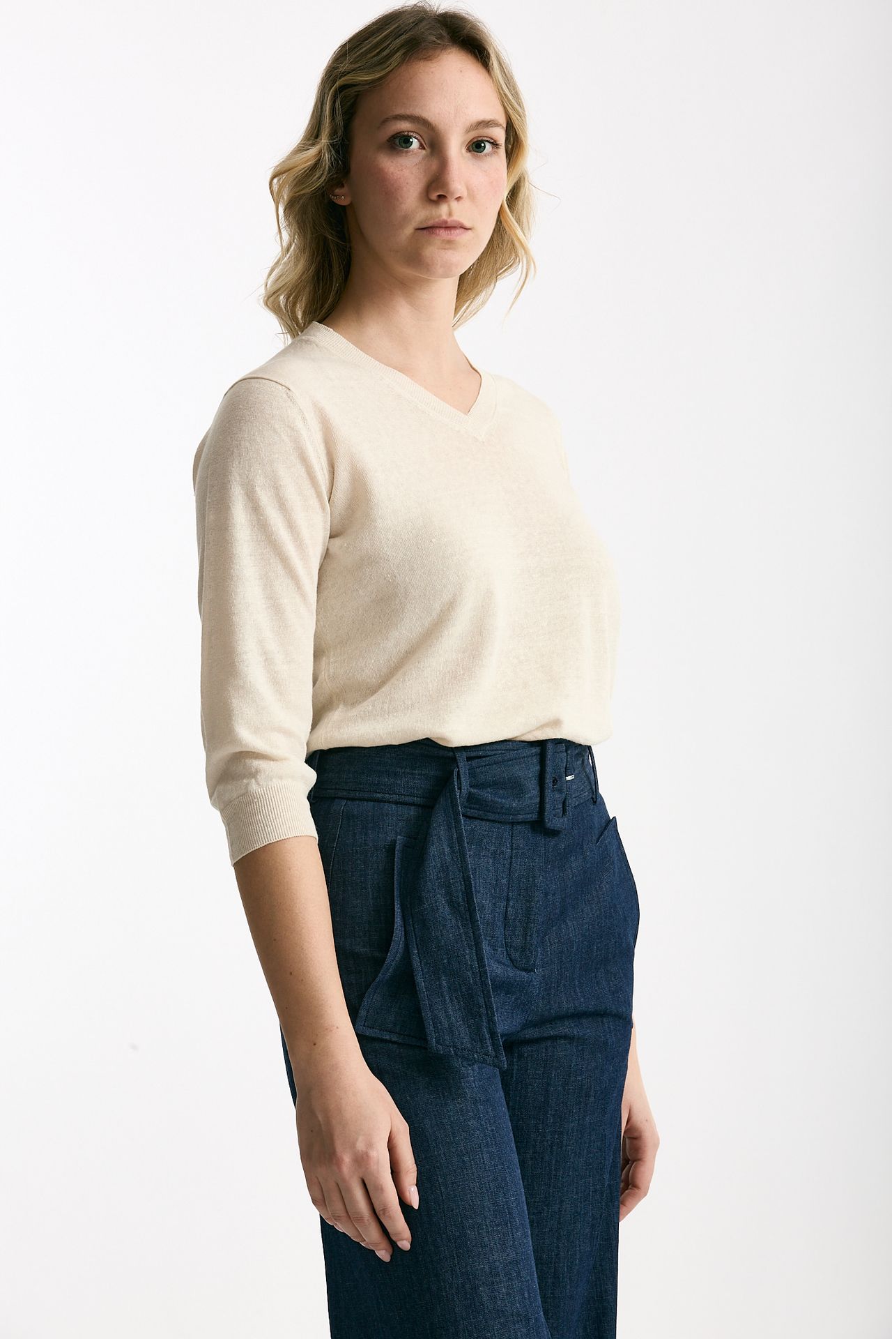 Maglia scollo a V in lino e cotone panna women Zanone - 4