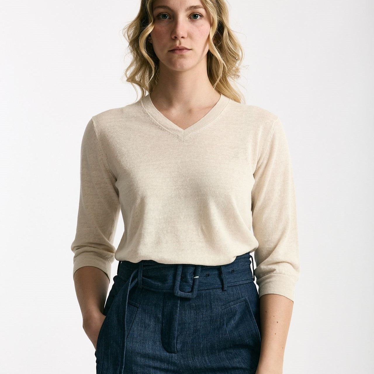 Maglia scollo a V in lino e cotone panna women Zanone - 6