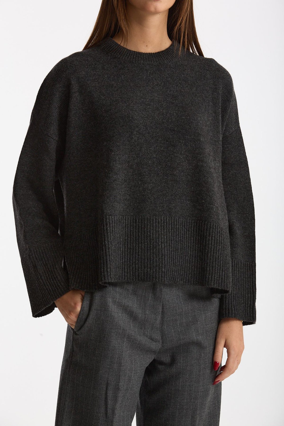 Maglia girocollo over in cashmere a due fili  antracite women Be you - 1