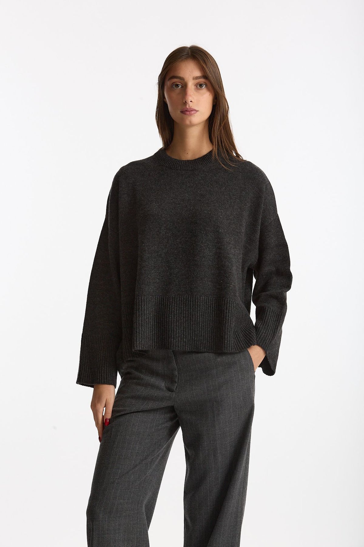 Maglia girocollo over in cashmere a due fili  antracite women Be you - 2