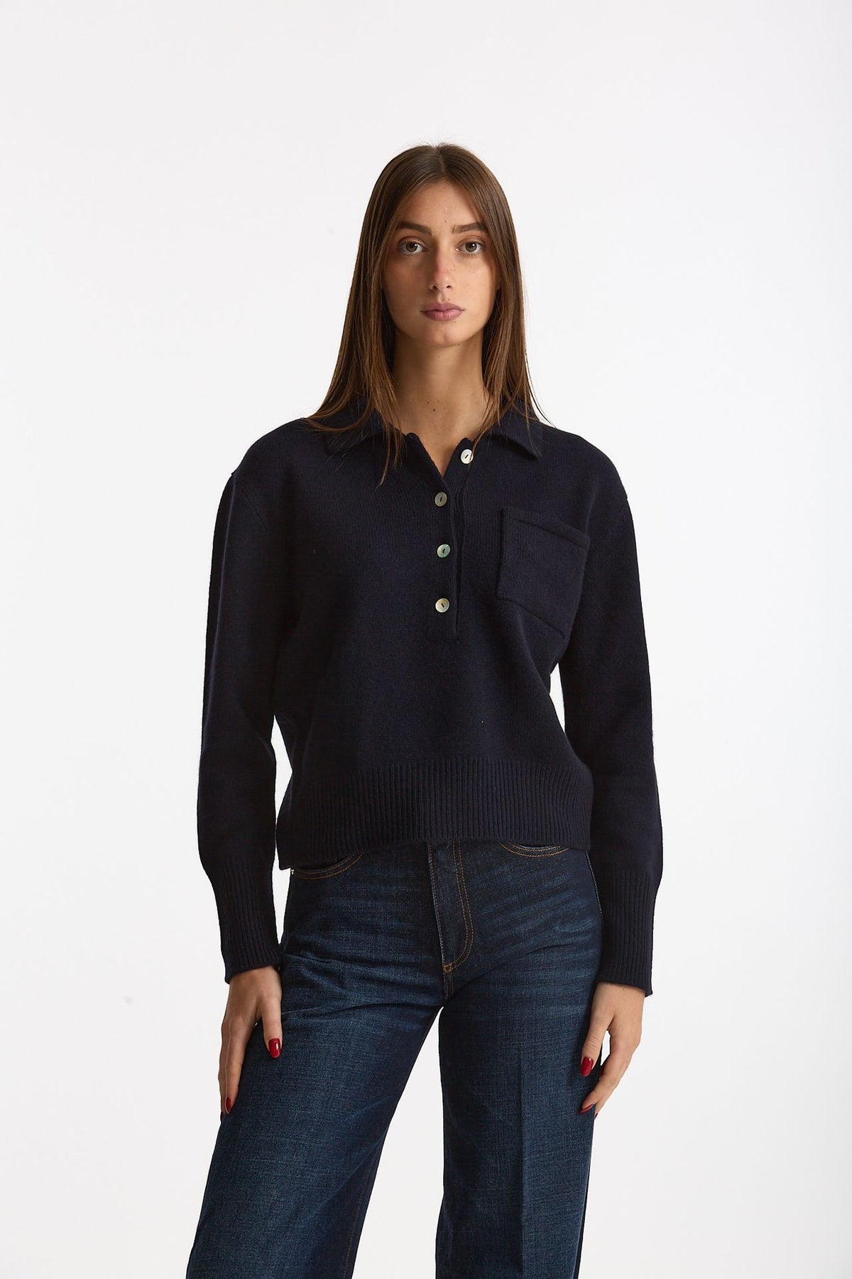 Maglia polo serafino in cashmere blu notte women Be you - 1