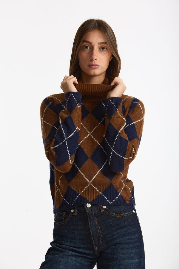 Maglia dolcevita in cashmere a due fili a rombi blue/tabacco women Be you