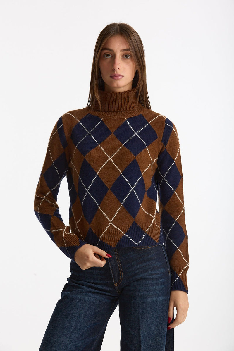 Maglia dolcevita in cashmere a due fili a rombi blue/tabacco women Be you - 2