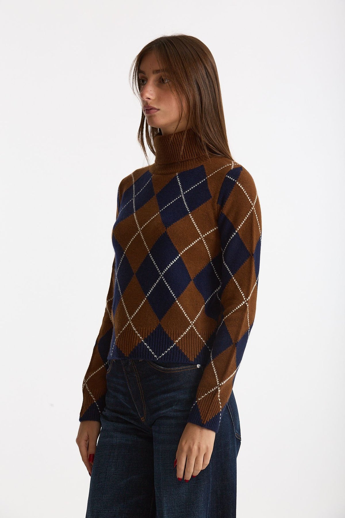 Maglia dolcevita in cashmere a due fili a rombi blue/tabacco women Be you - 3